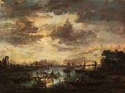 Aert van der Neer Fishing at Moonlight oil